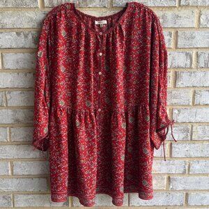 Max Studio Red Floral Button-Front Peasant Blouse
